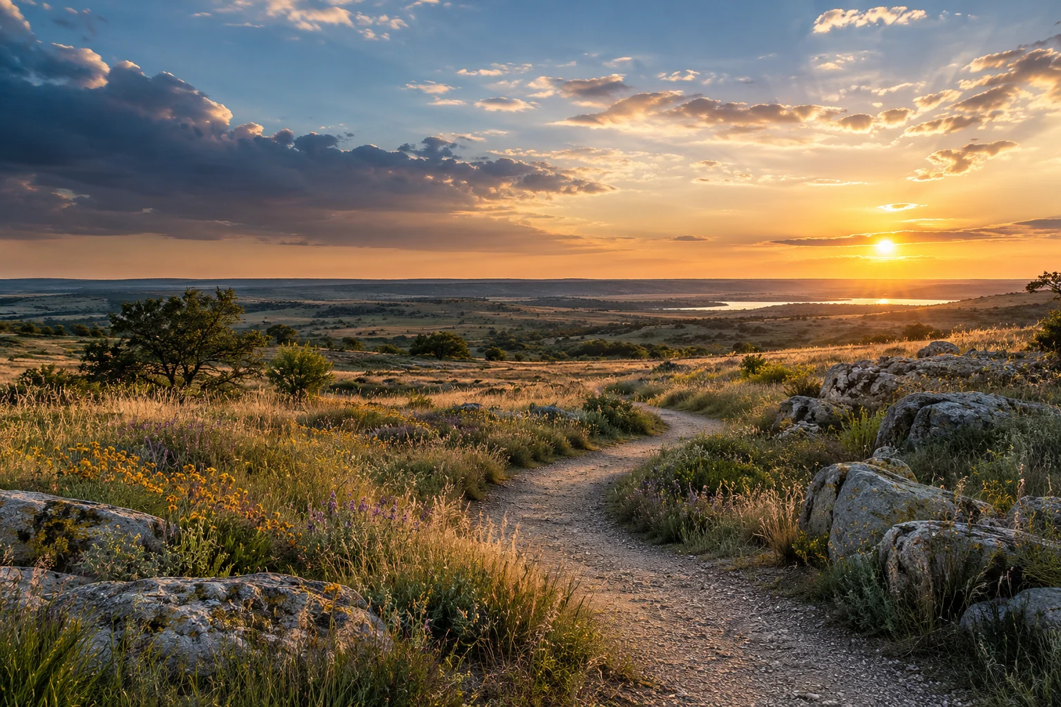 AI-created editorial illustration: An evocative open prairie landscape inspired by North Texas with a gently curving path, native-looking grasses and a big quiet sky, fictional location.