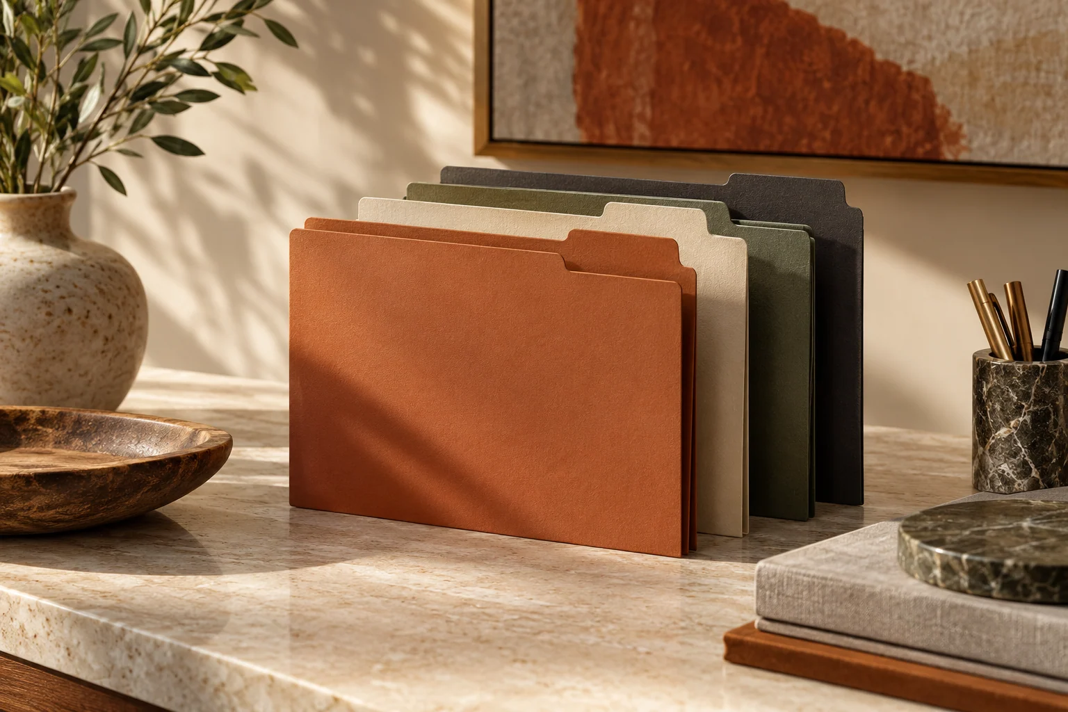 AI-created editorial illustration: A small set of plain document folders arranged by muted colors on a clean professional table, warm sidelight and elegant textures.