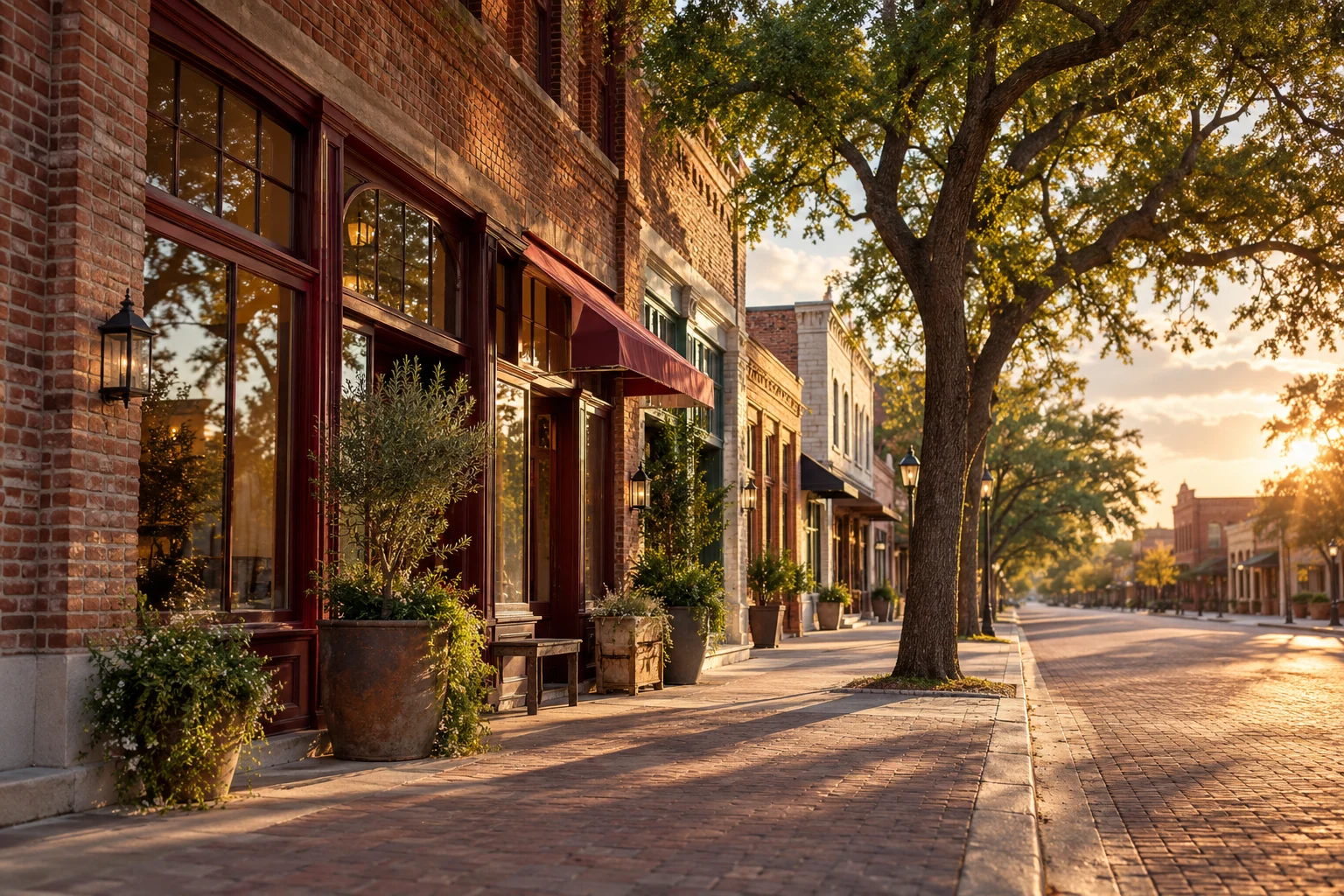 AI-created editorial illustration: A characterful small-town brick streetscape with unbranded windows, shade trees and a warm late-afternoon sun, fictional Texas-inspired town.