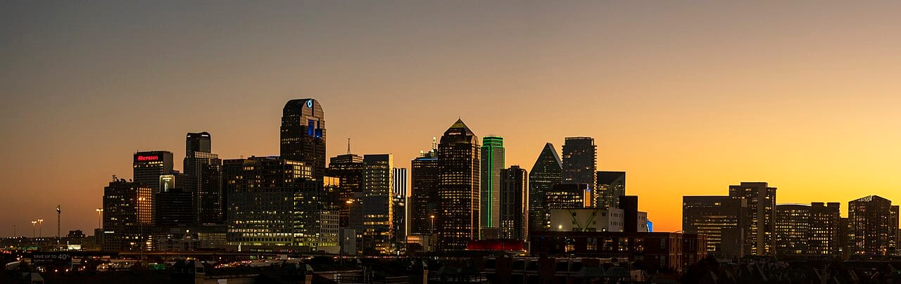 The Dallas skyline at dusk.