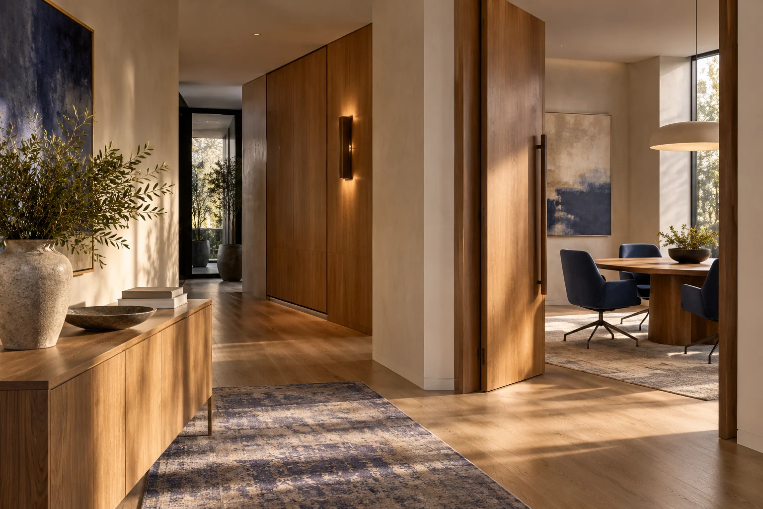 AI-created editorial illustration: A restrained professional office hallway with warm oak joinery, plaster walls and an open door into a calm meeting room.